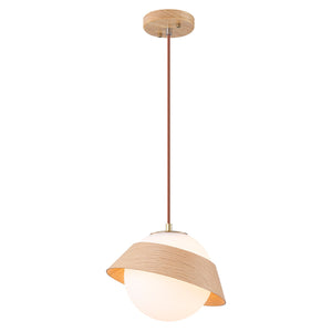 Suspension globe à 1 lumière en bois avec abat-jour en verre blanc de 27 cm pour îlot de cuisine et chambre à coucher