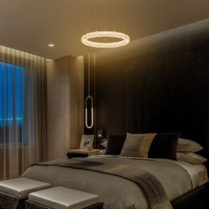 1-flammige moderne goldene Metallring-Kristall-LED-Pendelleuchte, dimmbarer Kronleuchter für Esszimmer