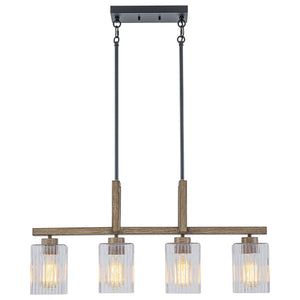 Lustre linéaire noir mat de 30,5 po à 4 lumières de style ferme moderne avec îlot suspendu à accent en faux bois et abat-jour en verre