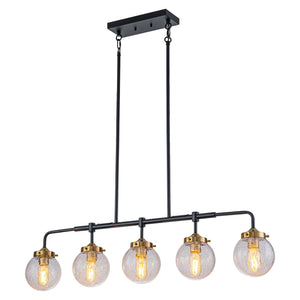 38 Zoll 5-flammige moderne, mattschwarze, lineare Hängeleuchte mit klaren Kugel-Spritzglas-Schirmen, Insel-Kronleuchter