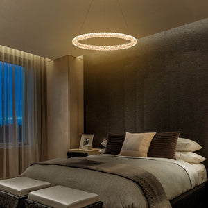1-flammige moderne goldene Metallring-Kristall-LED-Pendelleuchte, dimmbarer Kronleuchter für Esszimmer