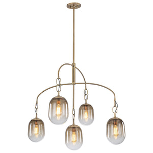 Lustre/Suspension 5/7 lumières à 2/3 niveaux en métal or antique avec abat-jour en verre ovale pour salon, îlot de cuisine