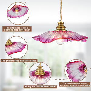 Pendentif suspendu moderne rose 1 lumière de 28 cm avec abat-jour en verre en forme de fleur pour chambre à coucher, îlot de cuisine