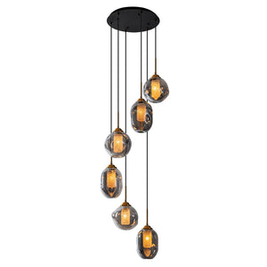 16 Zoll 6-flammige moderne schwarze Treppenhaus-Kronleuchter-Insel-Pendelleuchte mit rauchgrauem Kugelglas-Schirm