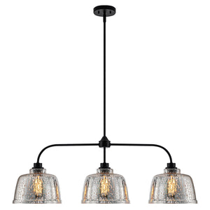 Lustre linéaire moderne noir mat de 99 cm à 3 lumières avec abat-jour en verre texturé pour îlot de cuisine