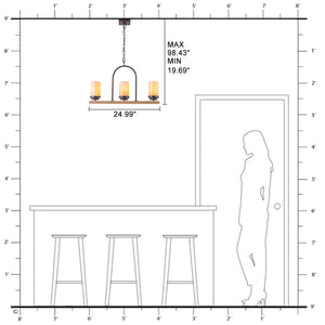 Suspension 3 lumières style industriel rustique Onyx de 25 po avec accents en similibois et cadre en fer en forme de U