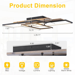3-Light 26.77 in. Modern Black and Wood Dimmable Integrated LED Flush Mount Ceiling Light