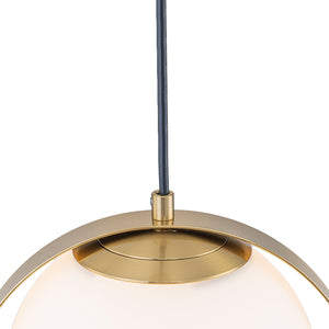Suspension LED moderne Mid-Century en laiton avec anneau, 1 lumière, 8 W, globe en verre blanc, 25 cm (9,84 po)