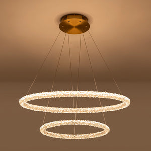 2-flammiger moderner Kronleuchter in Gold mit doppelten Ringen, dimmbar, integrierte LED, mehrstufige Pendelleuchte mit Kristall für Esszimmer