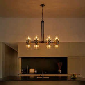 Lustre suspendu 16 lumières de luxe moderne en fer noir et or de 89,5 cm avec abat-jour en verre pour salon, salle à manger