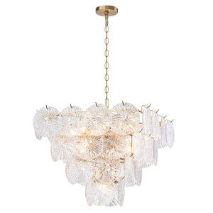 Lustre de salon moderne doré de 61 cm à 13 lumières avec abat-jour en verre transparent texturé en forme de pétales