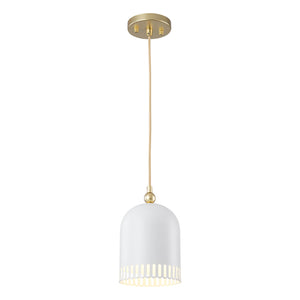 1-flammige Pendelleuchte aus goldfarbenem Eisen in halbkuppelförmigem Design mit mattweißem Metallschirm und Aushöhlungen für das Wohnzimmer