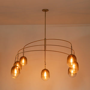 Lustre/Suspension 5/7 lumières à 2/3 niveaux en métal or antique avec abat-jour en verre ovale pour salon, îlot de cuisine