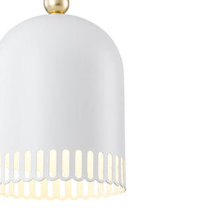 1-flammige Pendelleuchte aus goldfarbenem Eisen in halbkuppelförmigem Design mit mattweißem Metallschirm und Aushöhlungen für das Wohnzimmer