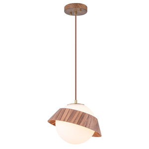 Suspension globe à 1 lumière en bois avec abat-jour en verre blanc de 27 cm pour îlot de cuisine et chambre à coucher