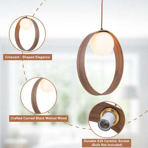 30,5 cm 1-flammige moderne ovale Pendelleuchte aus Walnussholz mit weißem Glasschirm für Esszimmer, Kücheninsel