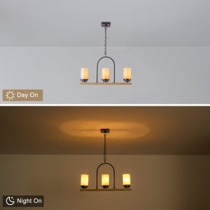 Suspension 3 lumières style industriel rustique Onyx de 25 po avec accents en similibois et cadre en fer en forme de U