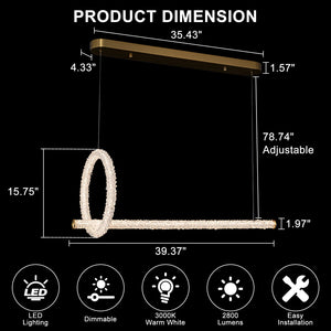 Lustre suspension LED intégré dimmable 2 lumières, moderne, luxe, avec anneau et barre dorés et cristaux pour salle à manger