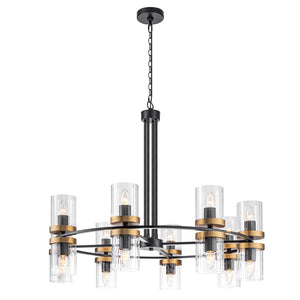 Lustre suspendu 16 lumières de luxe moderne en fer noir et or de 89,5 cm avec abat-jour en verre pour salon, salle à manger