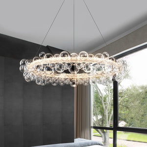 1-Leuchtgoldene moderne runde Kugel-Kristall-LED-Pendelleuchte, dimmbar, mit Glasblasen
