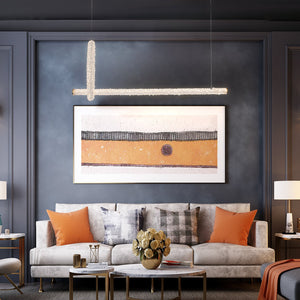 Lustre suspension LED intégré dimmable 2 lumières, moderne, luxe, avec anneau et barre dorés et cristaux pour salle à manger