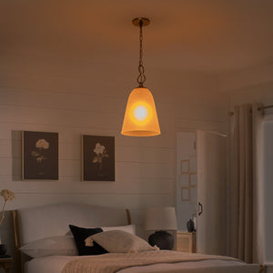 1-Light Modern Gold Bell Shaped Chandelier Hanging Light with Champagne-Colored Glass Shade for Dining Room