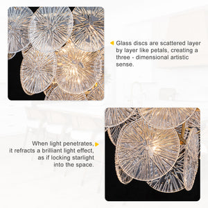 Lustre de salon moderne doré de 61 cm à 13 lumières avec abat-jour en verre transparent texturé en forme de pétales