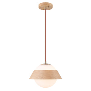 Suspension globe à 1 lumière en bois avec abat-jour en verre blanc de 27 cm pour îlot de cuisine et chambre à coucher