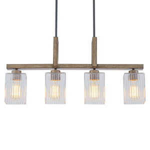 Lustre linéaire noir mat de 30,5 po à 4 lumières de style ferme moderne avec îlot suspendu à accent en faux bois et abat-jour en verre