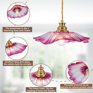 Pendentif suspendu moderne rose 1 lumière de 28 cm avec abat-jour en verre en forme de fleur pour chambre à coucher, îlot de cuisine