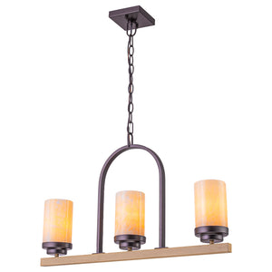 Suspension 3 lumières style industriel rustique Onyx de 25 po avec accents en similibois et cadre en fer en forme de U