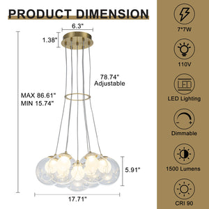 7-flammiger moderner Sputnik Cluster LED-Kronleuchter in Gold mit klaren Glaskugelschirmen für das Wohnzimmer