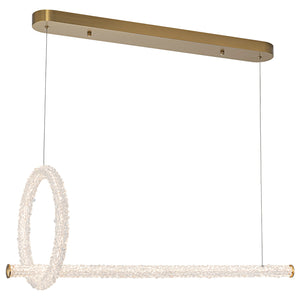 Lustre suspension LED intégré dimmable 2 lumières, moderne, luxe, avec anneau et barre dorés et cristaux pour salle à manger