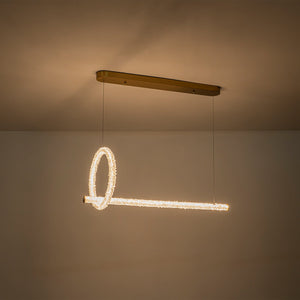 Lustre suspension LED intégré dimmable 2 lumières, moderne, luxe, avec anneau et barre dorés et cristaux pour salle à manger
