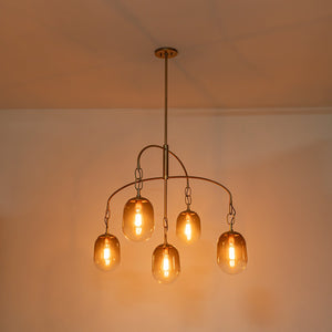 Lustre/Suspension 5/7 lumières à 2/3 niveaux en métal or antique avec abat-jour en verre ovale pour salon, îlot de cuisine