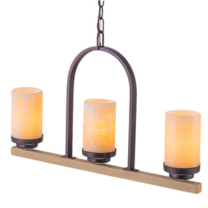 Suspension 3 lumières style industriel rustique Onyx de 25 po avec accents en similibois et cadre en fer en forme de U