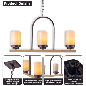 Suspension 3 lumières style industriel rustique Onyx de 25 po avec accents en similibois et cadre en fer en forme de U