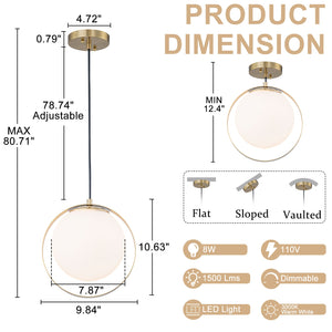 Suspension LED moderne Mid-Century en laiton avec anneau, 1 lumière, 8 W, globe en verre blanc, 25 cm (9,84 po)