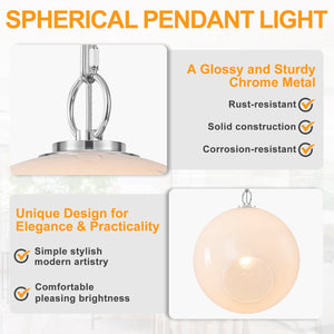 Suspension Globe Moderne Chromé avec Abat-jour en Verre Bulle Blanc pour Îlot de Cuisine, Salle à Manger