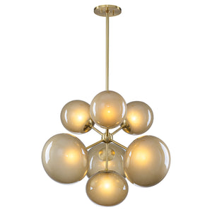 Lustre grappe Mid-Century Modern or à 4 ou 7 lumières avec abat-jour globes en verre couleur café