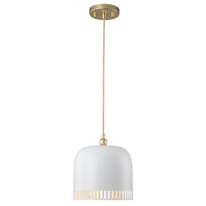 1-flammige Pendelleuchte aus goldfarbenem Eisen in halbkuppelförmigem Design mit mattweißem Metallschirm und Aushöhlungen für das Wohnzimmer