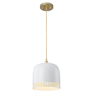 1-flammige Pendelleuchte aus goldfarbenem Eisen in halbkuppelförmigem Design mit mattweißem Metallschirm und Aushöhlungen für das Wohnzimmer