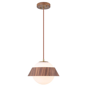 Suspension globe à 1 lumière en bois avec abat-jour en verre blanc de 27 cm pour îlot de cuisine et chambre à coucher