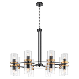 Lustre suspendu 16 lumières de luxe moderne en fer noir et or de 89,5 cm avec abat-jour en verre pour salon, salle à manger