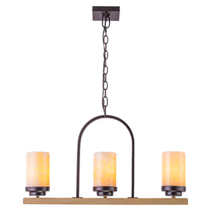 Suspension 3 lumières style industriel rustique Onyx de 25 po avec accents en similibois et cadre en fer en forme de U