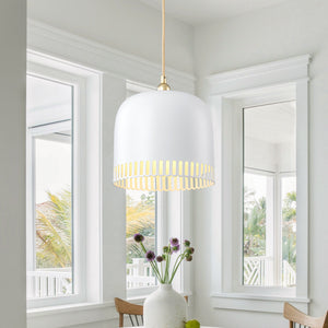 1-flammige Pendelleuchte aus goldfarbenem Eisen in halbkuppelförmigem Design mit mattweißem Metallschirm und Aushöhlungen für das Wohnzimmer