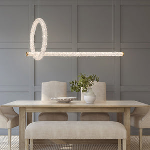 Lustre suspension LED intégré dimmable 2 lumières, moderne, luxe, avec anneau et barre dorés et cristaux pour salle à manger