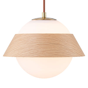 Suspension globe à 1 lumière en bois avec abat-jour en verre blanc de 27 cm pour îlot de cuisine et chambre à coucher