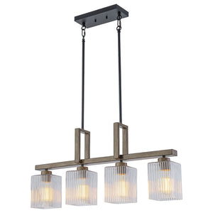 Lustre linéaire noir mat de 30,5 po à 4 lumières de style ferme moderne avec îlot suspendu à accent en faux bois et abat-jour en verre