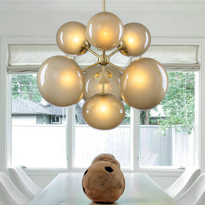 Lustre grappe Mid-Century Modern or à 4 ou 7 lumières avec abat-jour globes en verre couleur café